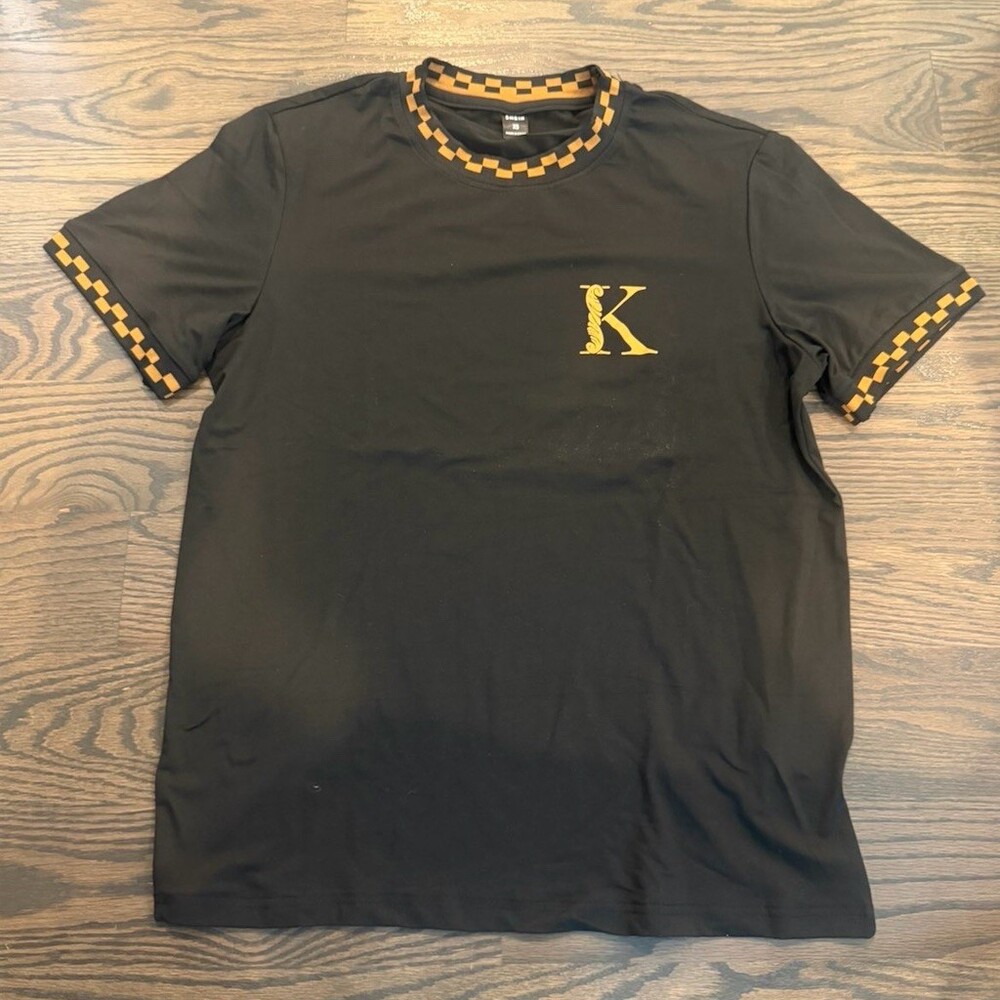 SHEIN T-Shirt Womens XS Black Short Sleeve Crew Neck Gold Trim K Logo